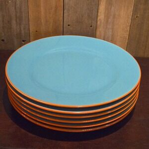 Baum Tangier Dinner Plates 10.75" Set of 6 Turquoise Blue Orange Rim Modern XLNT